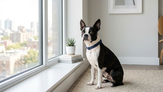 Boston Terrier sitting near window in apartment showing calm yet alert behavior