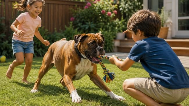 Boxer playing safely with children in a backyard showing controlled playful strength.