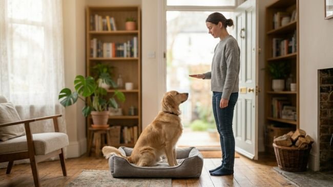 Calm dog sitting on its bed after behavior training showing improved obedience