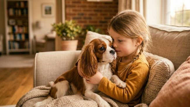 Cavalier King Charles Spaniel sitting close to a child showing affectionate companionship.