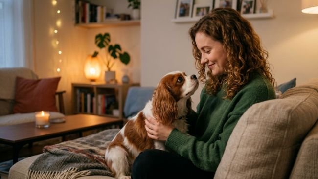 Cavalier King Charles Spaniel sitting closely with owner showing strong emotional bonding in apartment setting