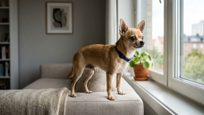 Chihuahua standing alert on couch watching outside in apartment environment