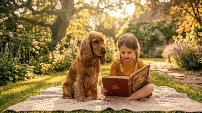 Cocker Spaniel calmly sitting beside a child reading in a garden showing gentle temperament.