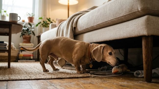 Dachshund exploring under furniture in apartment showing curious and independent nature