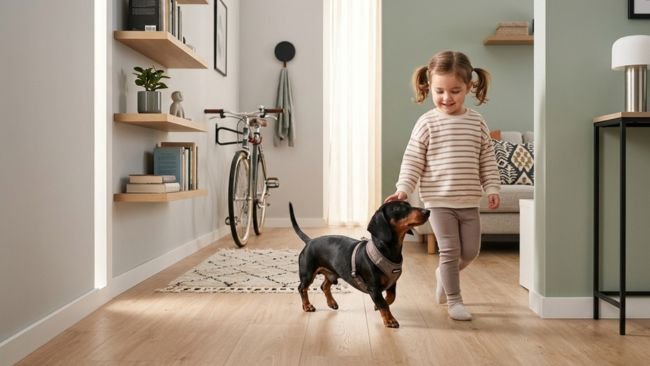 Dachshund walking in a home apartment showing adaptability to small living spaces.