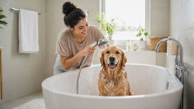 dog being bathed safely at home showing proper dog grooming and cleaning process