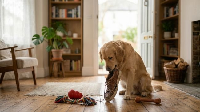 Dog chewing a shoe indoors showing destructive chewing behavior