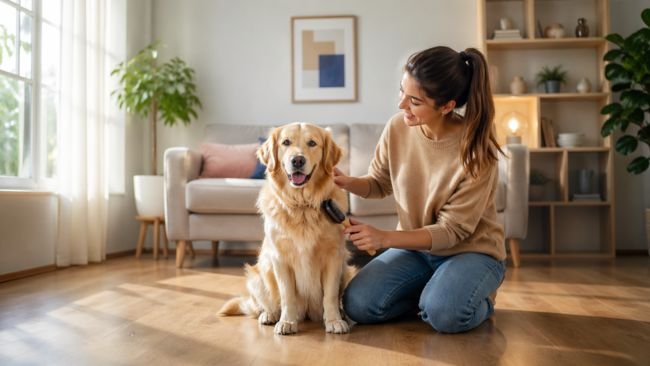 pet owner brushing dog coat at home as part of basic dog grooming routine