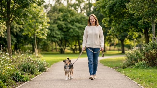 Dog walking calmly beside its owner demonstrating proper heel command during training