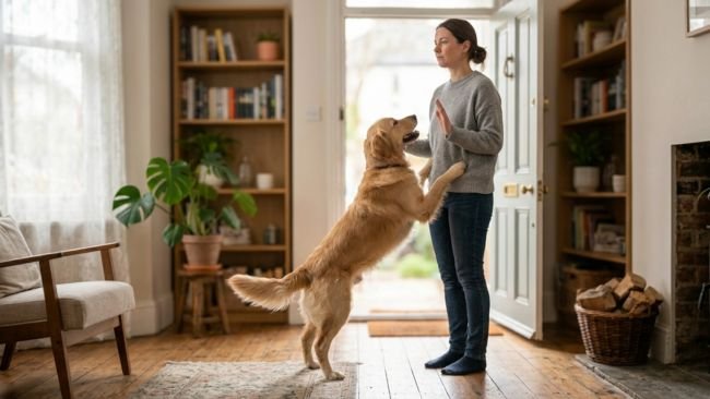 Dog jumping on its owner at the door showing a common behavior problem