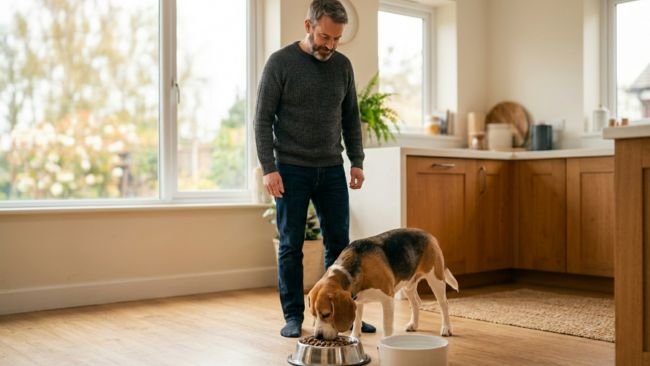 Dog eating from a clean bowl with fresh water showing proper daily care and nutrition