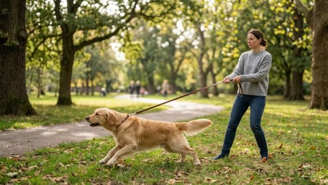 Dog pulling on leash during a walk showing lack of leash training