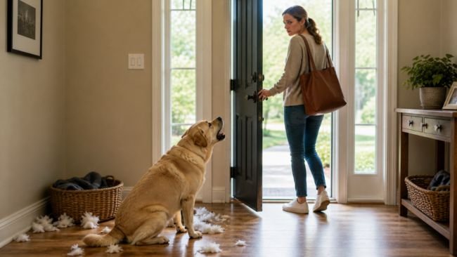 Dog showing separation anxiety while owner leaves home through front door