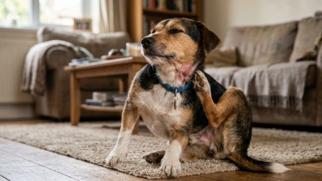 Dog scratching its neck showing signs of skin allergies and irritation