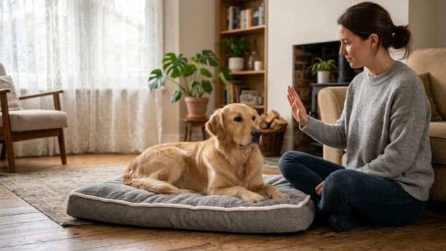 Dog calmly staying in place after receiving a stay command from its owner
