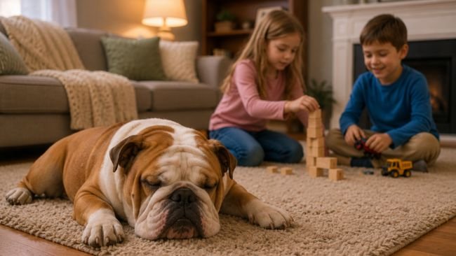 English Bulldog resting calmly indoors showing low-energy and stable temperament.