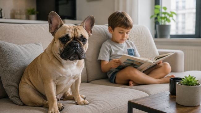 French Bulldog calmly sitting in a home apartment environment showing suitability for indoor family living.