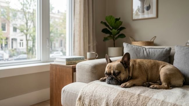 French Bulldog resting calmly on a couch in a small apartment showing low-energy indoor behavior