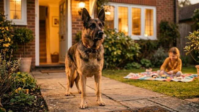 German Shepherd standing alert near a home showing protective family awareness.
