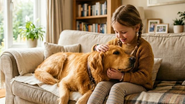 Golden Retriever resting its head on a child’s lap showing strong emotional bonding and family connection.