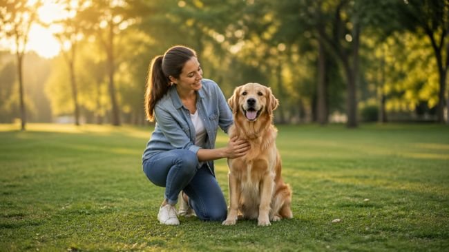 A healthy dog sitting calmly beside its owner showing normal behavior and physical condition