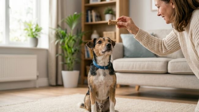 Owner using a treat to train a dog to sit during basic obedience training