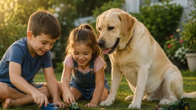 Labrador Retriever calmly sitting with children in a garden showing gentle and patient family-friendly behavior.