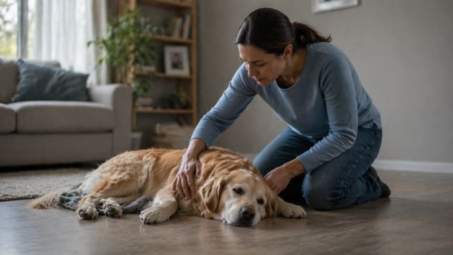 A lethargic dog lying on the floor while the owner checks for signs of illness