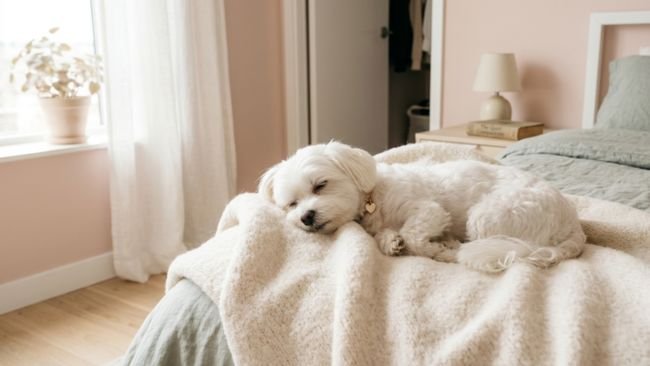 Maltese resting calmly on blanket in apartment showing gentle and affectionate nature