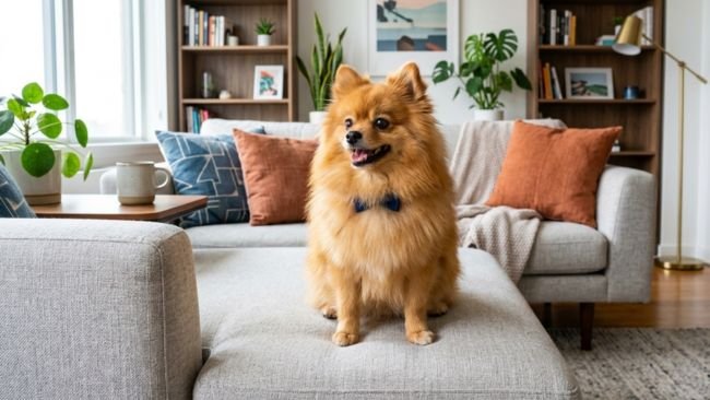 Pomeranian sitting alert on sofa showing energetic and lively indoor behavior in apartment