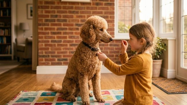 Poodle attentively responding to a child during training showing intelligence and obedience.