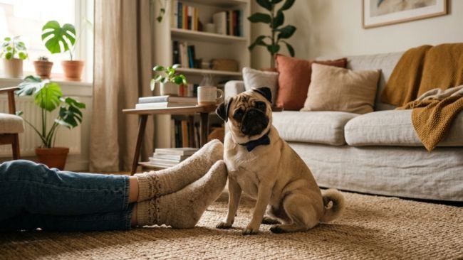 Pug sitting calmly near owner in apartment showing companionship and low exercise needs