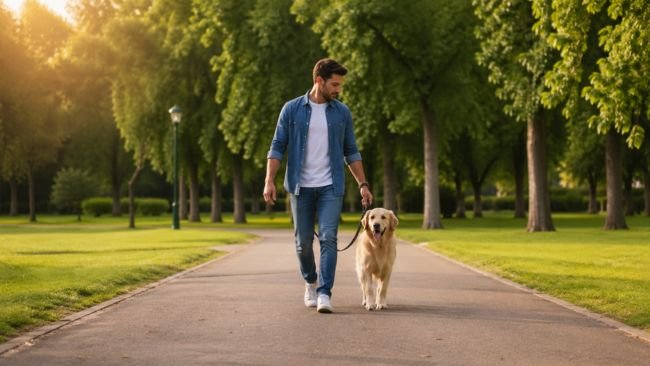 Responsible dog owner walking a dog calmly on a leash in a park