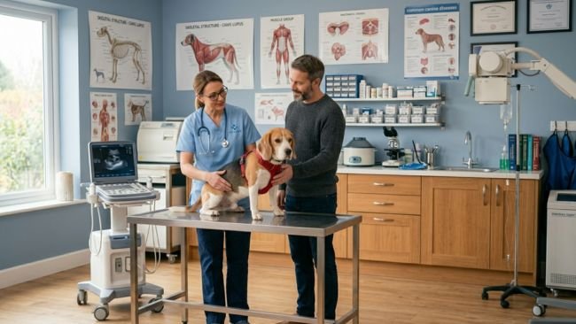 Veterinarian examining a dog while the owner observes during a routine health checkup