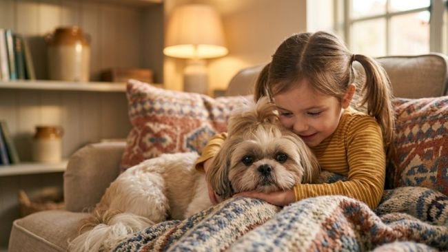 Shih Tzu resting on a child’s lap showing calm indoor companionship and comfort.