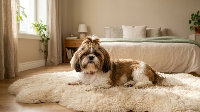 Shih Tzu resting calmly on a rug in an apartment showing low-energy indoor behavior