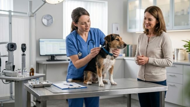 Veterinarian examining a dog in a clinic while the owner observes